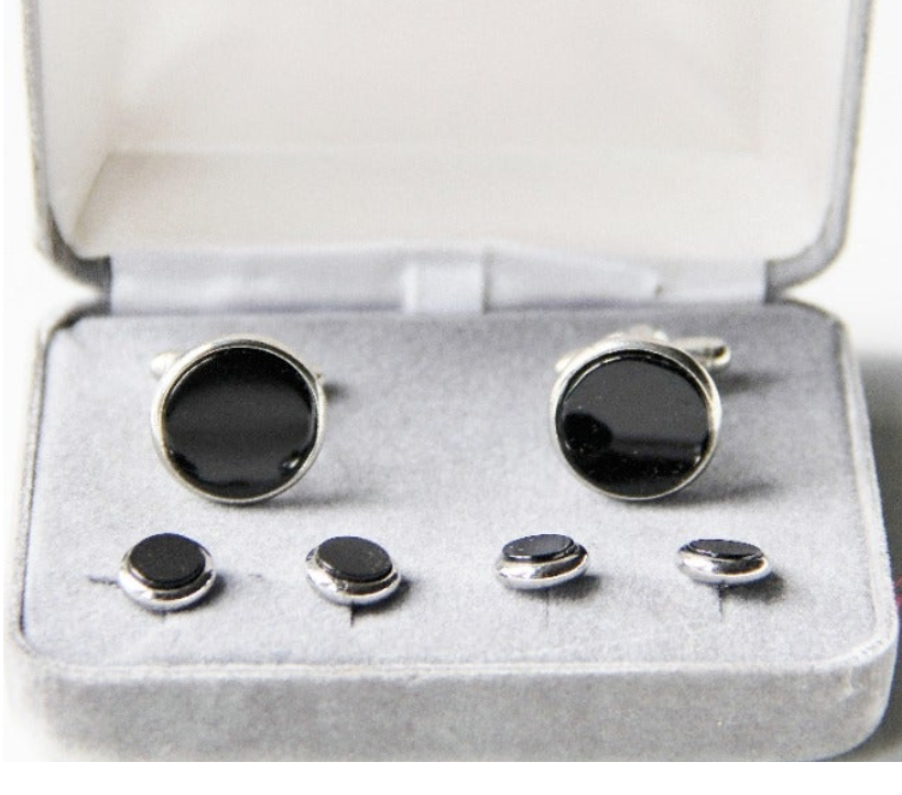 Black Glass & Metal Cuff Links Stud Set Tuxedo Formal Wear 6 Piece Set
