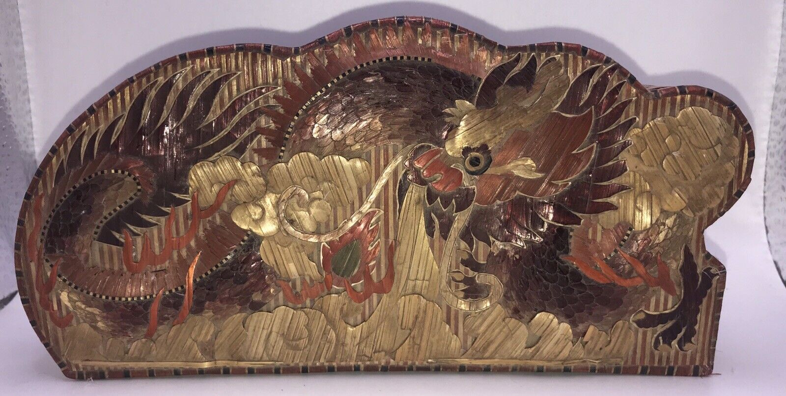 Chinese Lacquer Woven Straw / Bamboo Large Dragon Trinket Dresser Jewelry Box