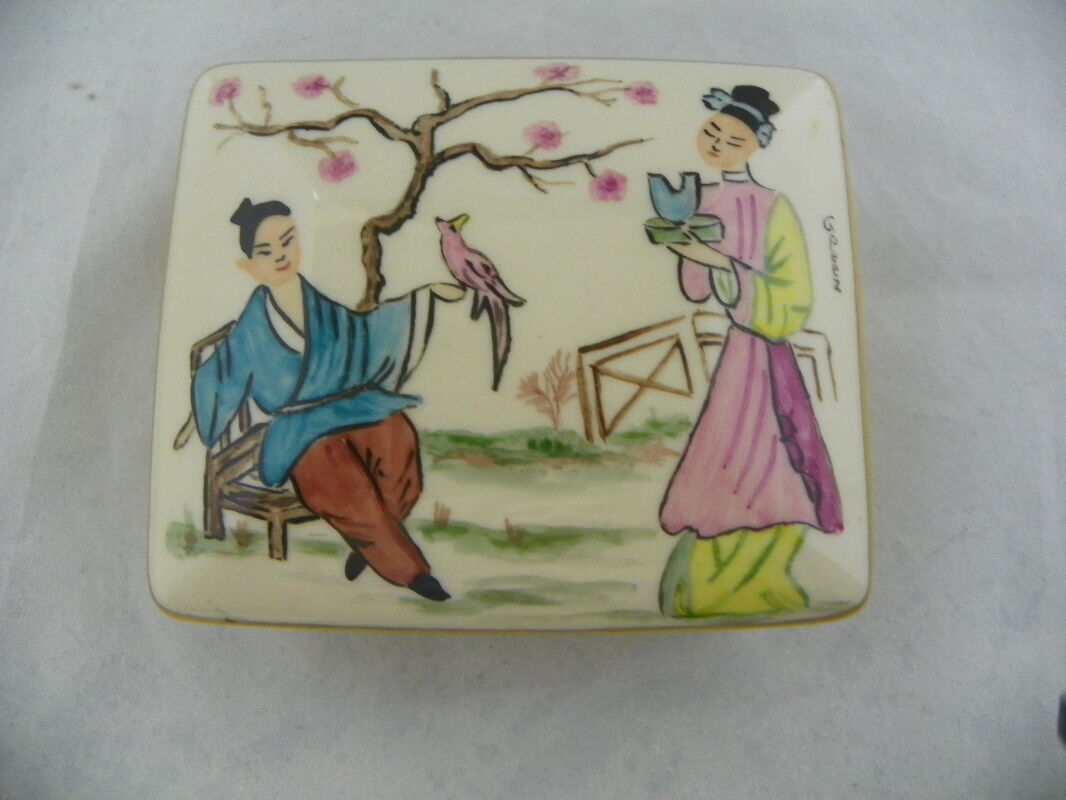 Vintage Porcelain Oriental Art Signed Trinket Hand Painted Box With Lid