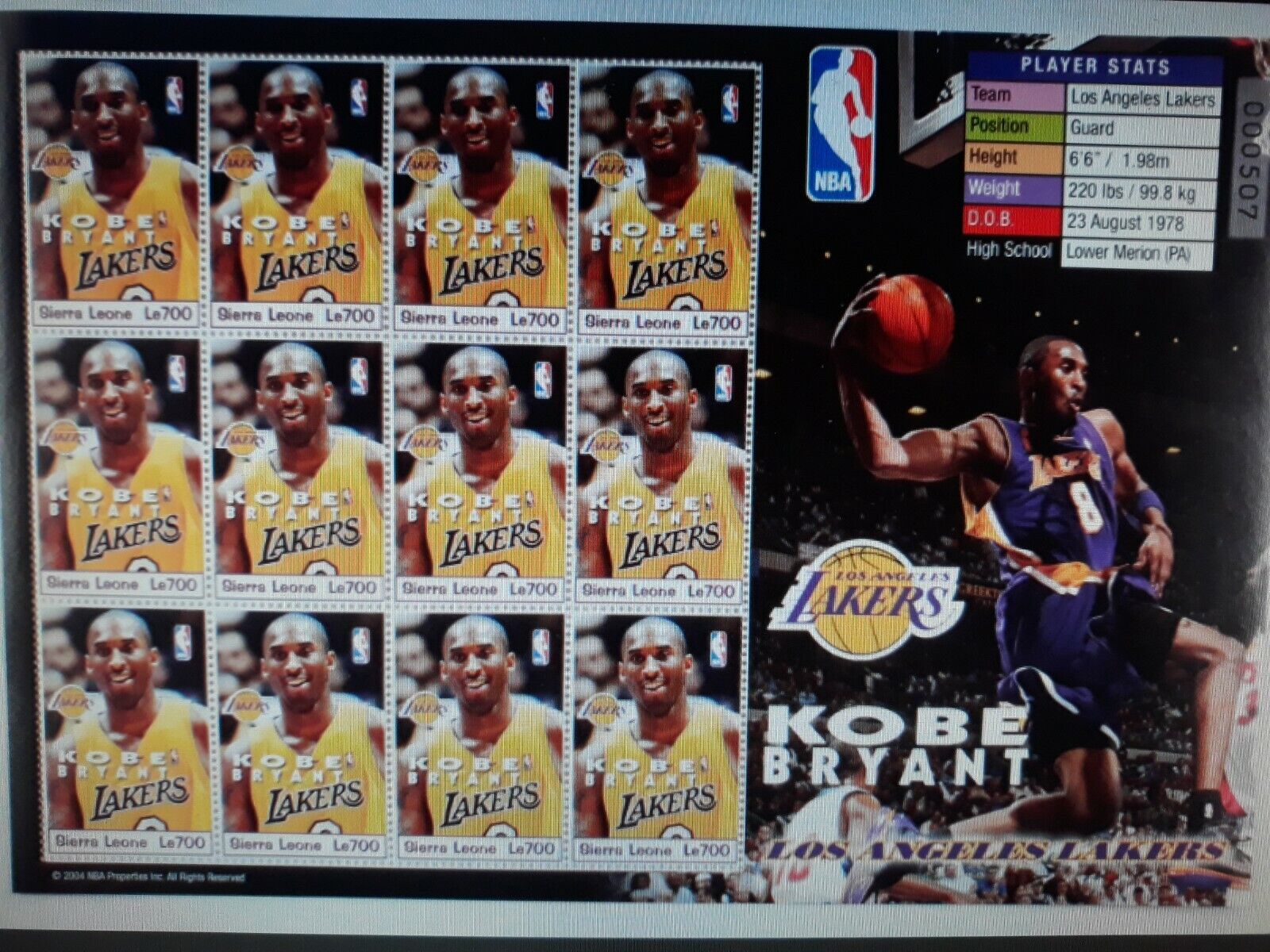2004 Sierra Leone Uncut Stamp Sheet Of 12 Stamps Kobe Bryant (la Lakers, Died 20