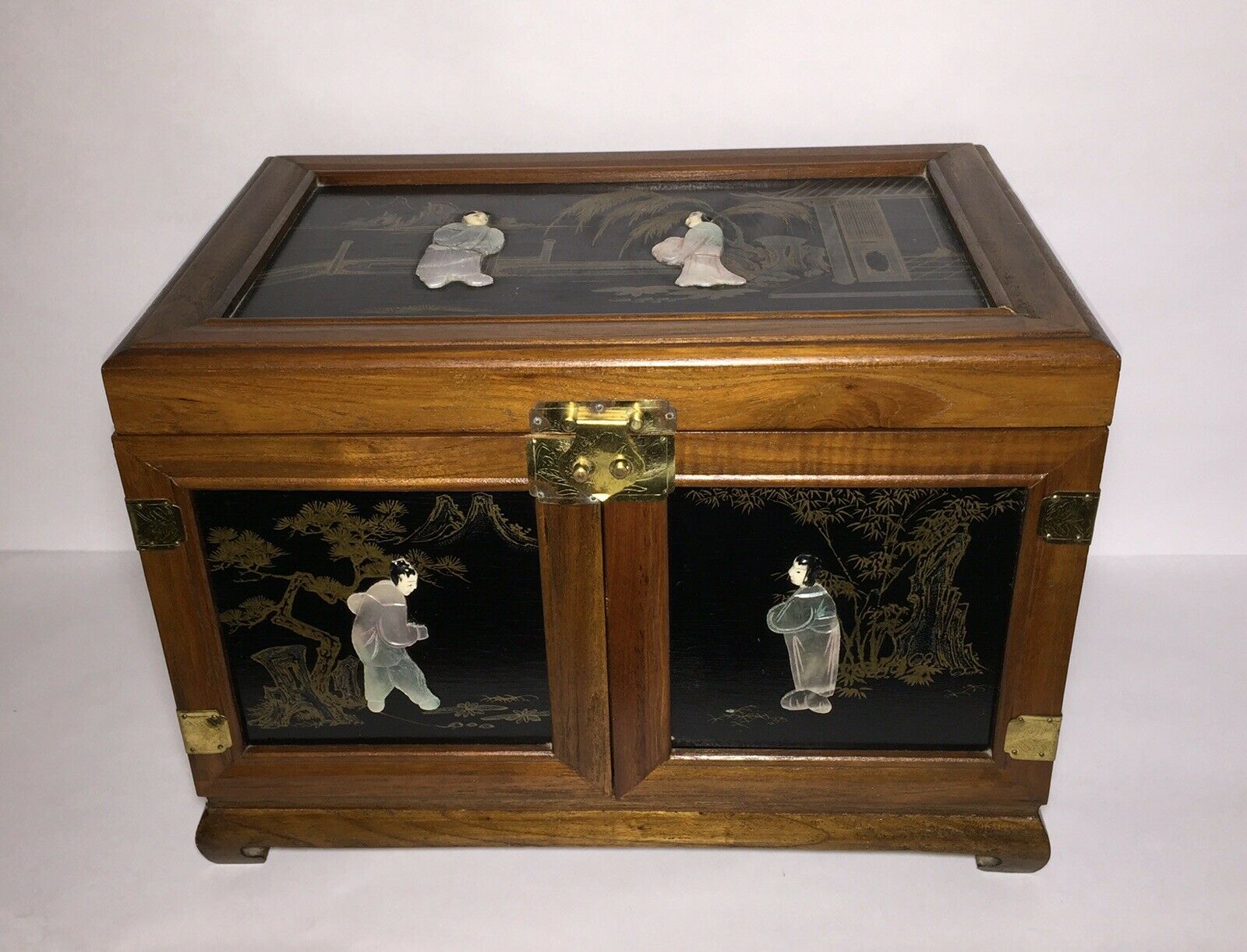 Beautiful Vintage Asian Chinese Oriental Chinoiserie 15'' Wood Jade Jewelry Box