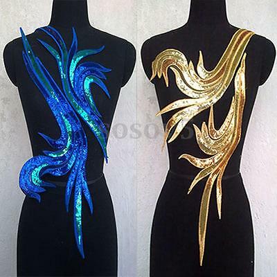 2pcs Lace Applique Trims Motif Embroidery Diy Craft Sequined Peacock Dress Decor
