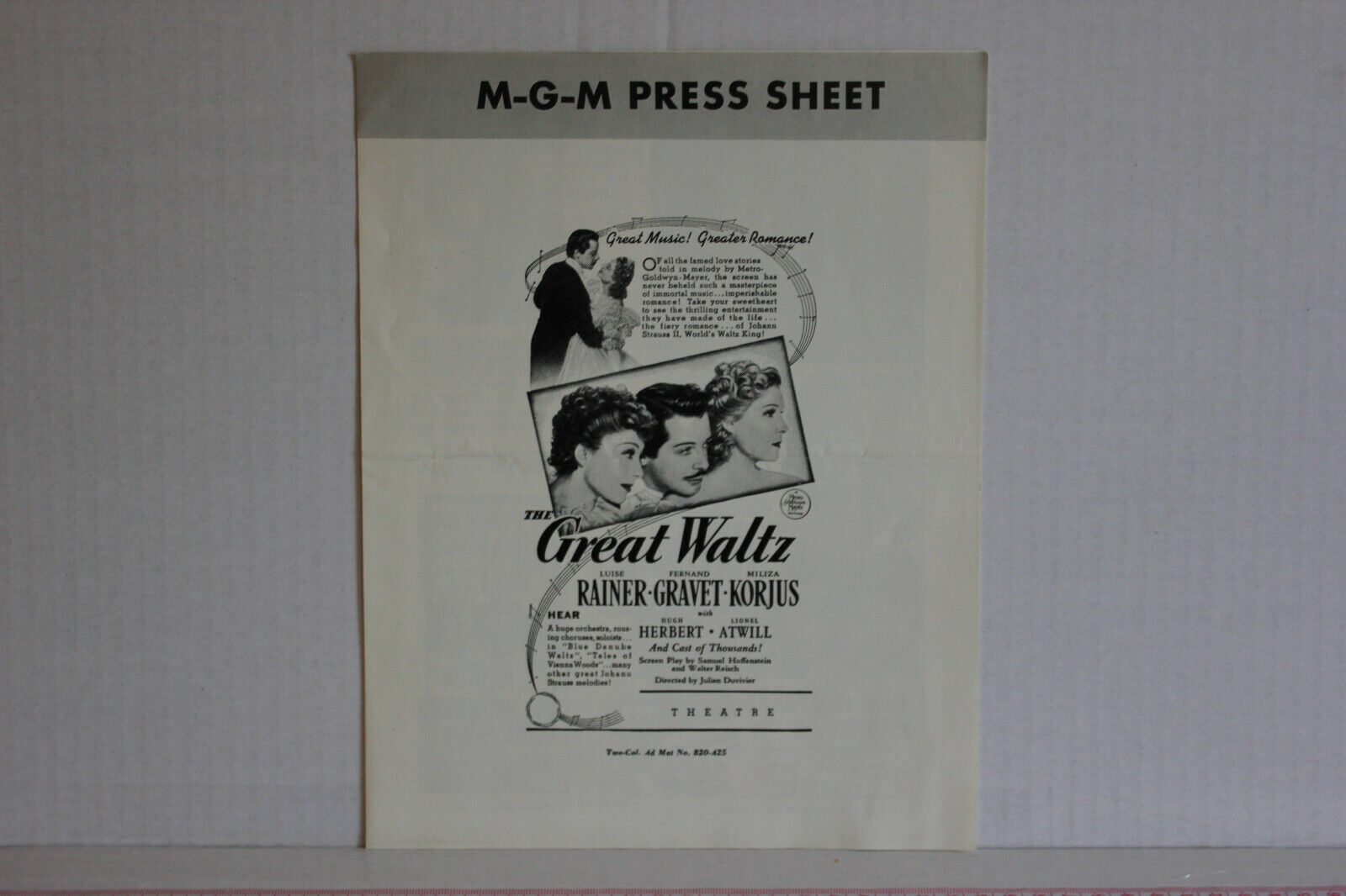 The Great Waltz (1938) Press Sheet Luise Rainer, Fernand Gravey, Miliza Korjus