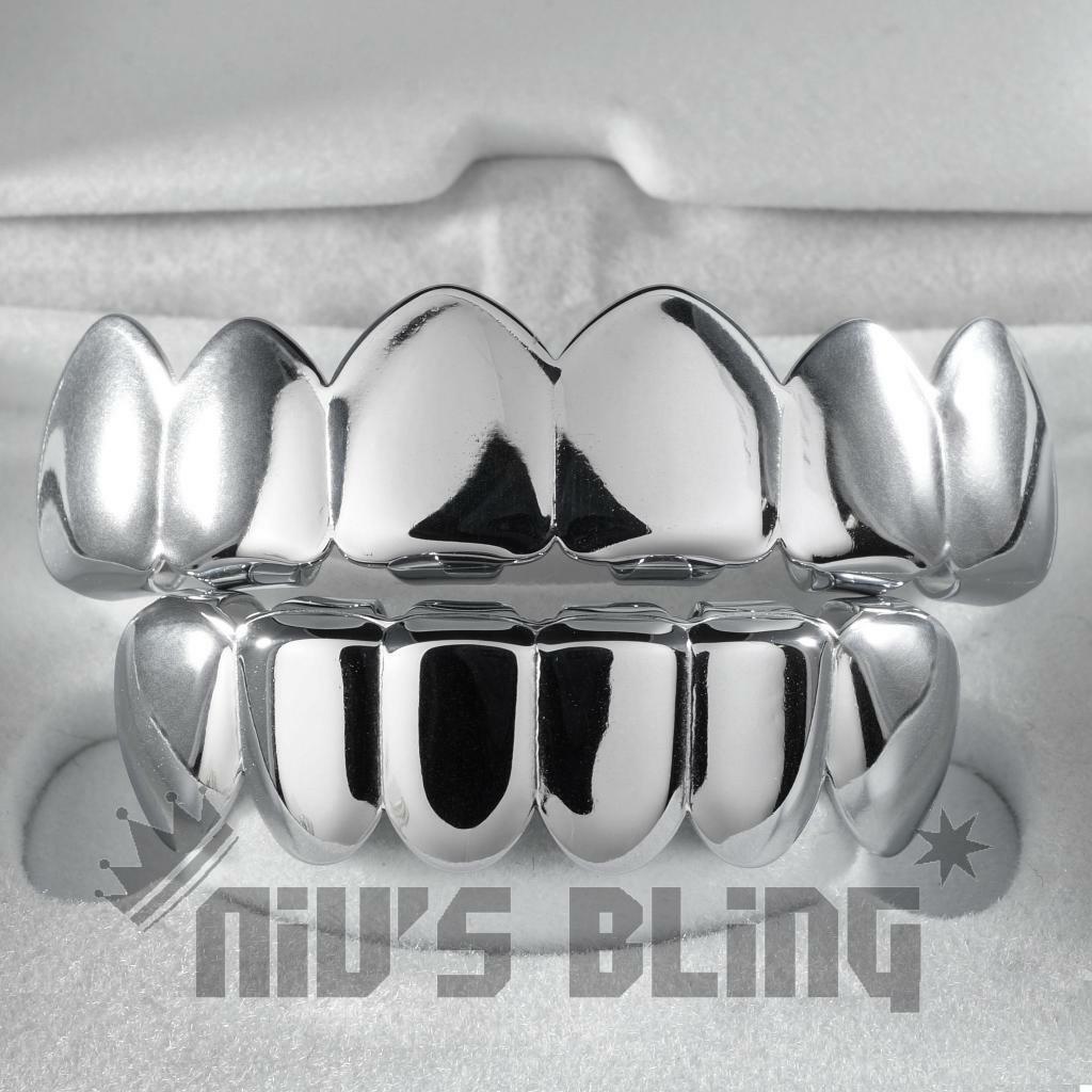 18k White Gold Ip Plated Mouth Teeth Grillz Top & Bottom Joker Silver Grill