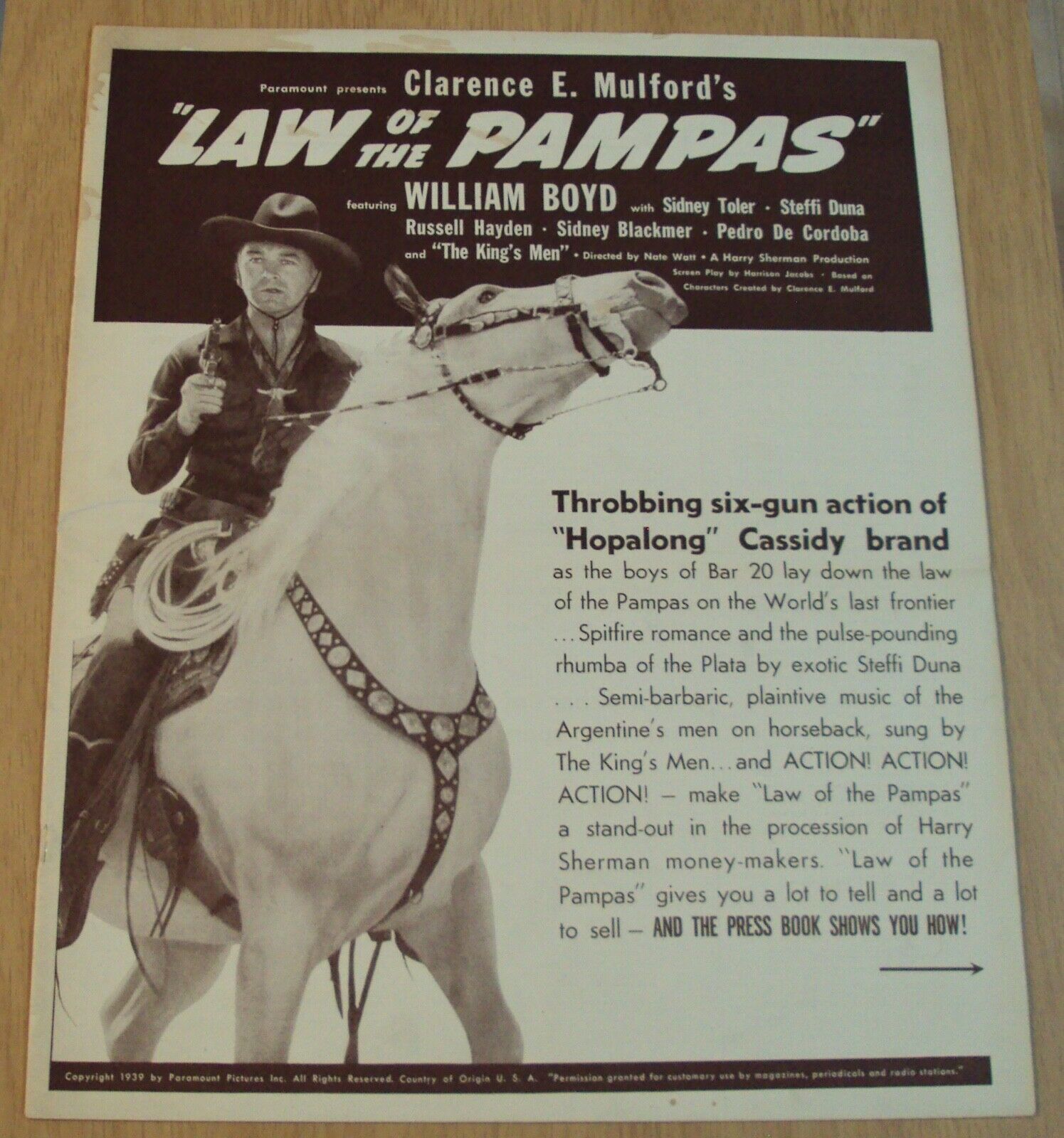 Original 1939 Movie Promo Press Book Poster~"law Of The Pampas" Hopalong Cassidy
