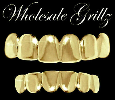 Real Shiny!! New 14k Gold Plated Hiphop Teeth Grillz Caps Top & Bottom Grill Set