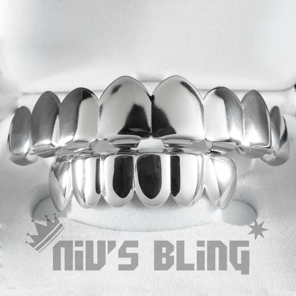 18k White Gold Plated Mouth Grillz Custom Teeth 8 Top Bottom Silver Grill Joker