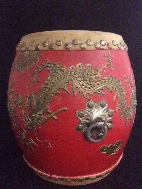 Chinese Lacquer Painted Wood Double Headed Drum Brass Dragons 11" Tanggu Barrel