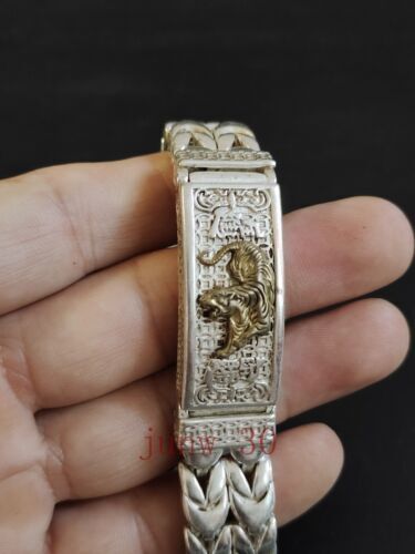 Exquisite Old Chinese Tibet Silver Gilt Handcarved Tiger Bracelet 9025