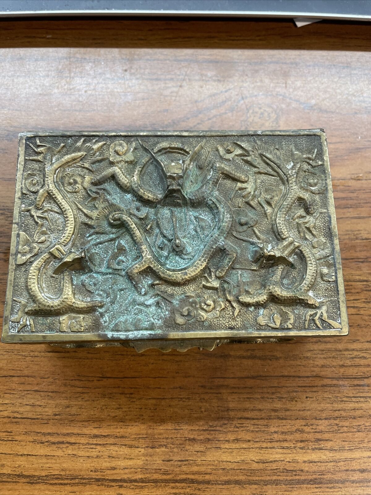 Antique Chinese Brass Dragon Serpent Trinket Scholar Box Wood Lined
