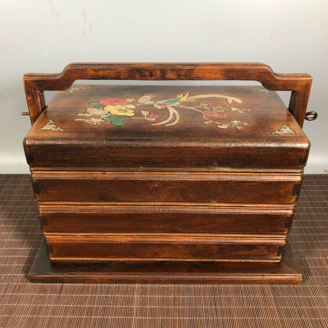 China Old Red Wood Inlay Couch Bird Flower Rosewood Three Layer Handle Food Box