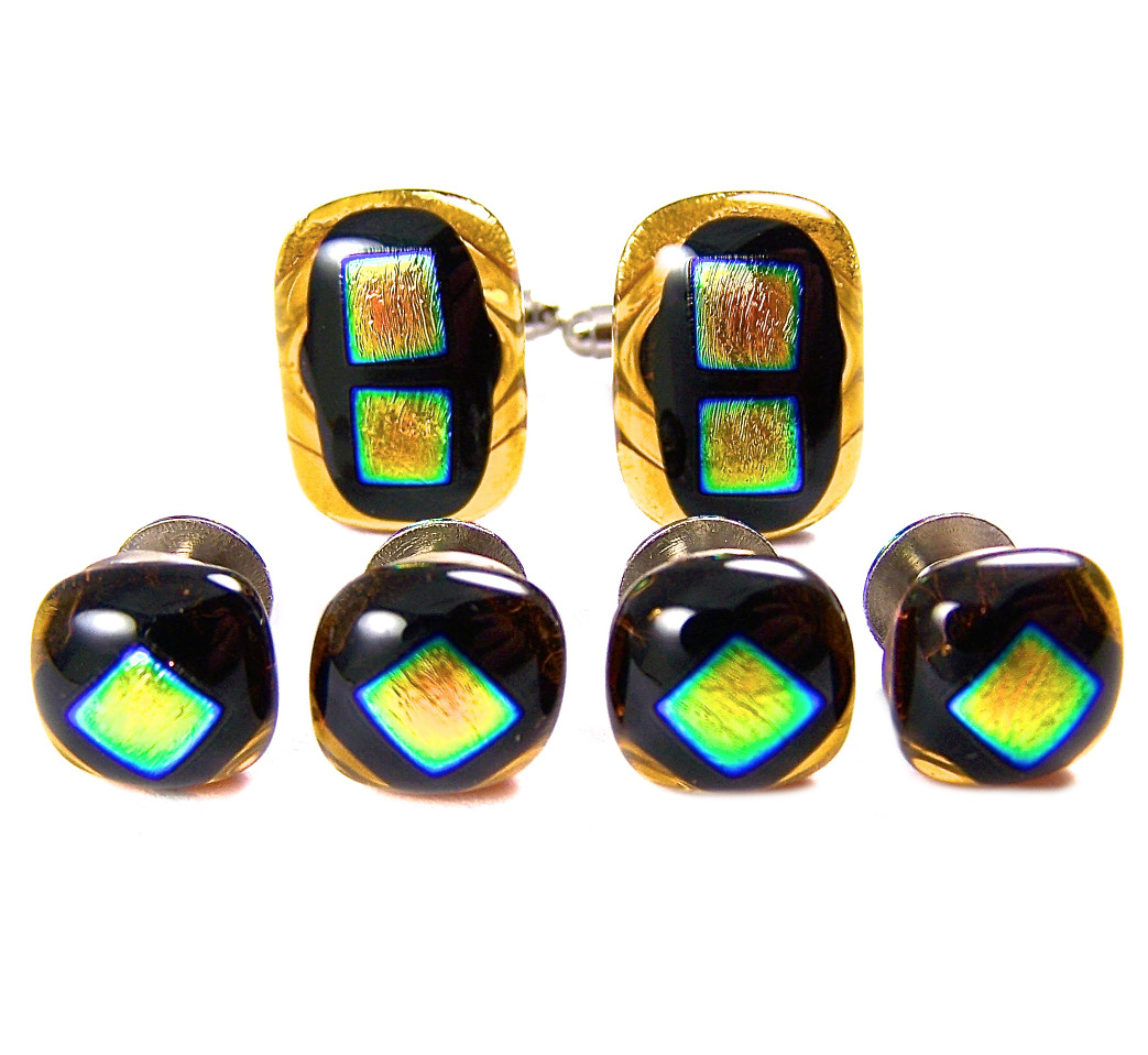 Dichroic Glass Cuff Links Tuxedo Studs Amber Gold Black Mens Casual Formal Wear